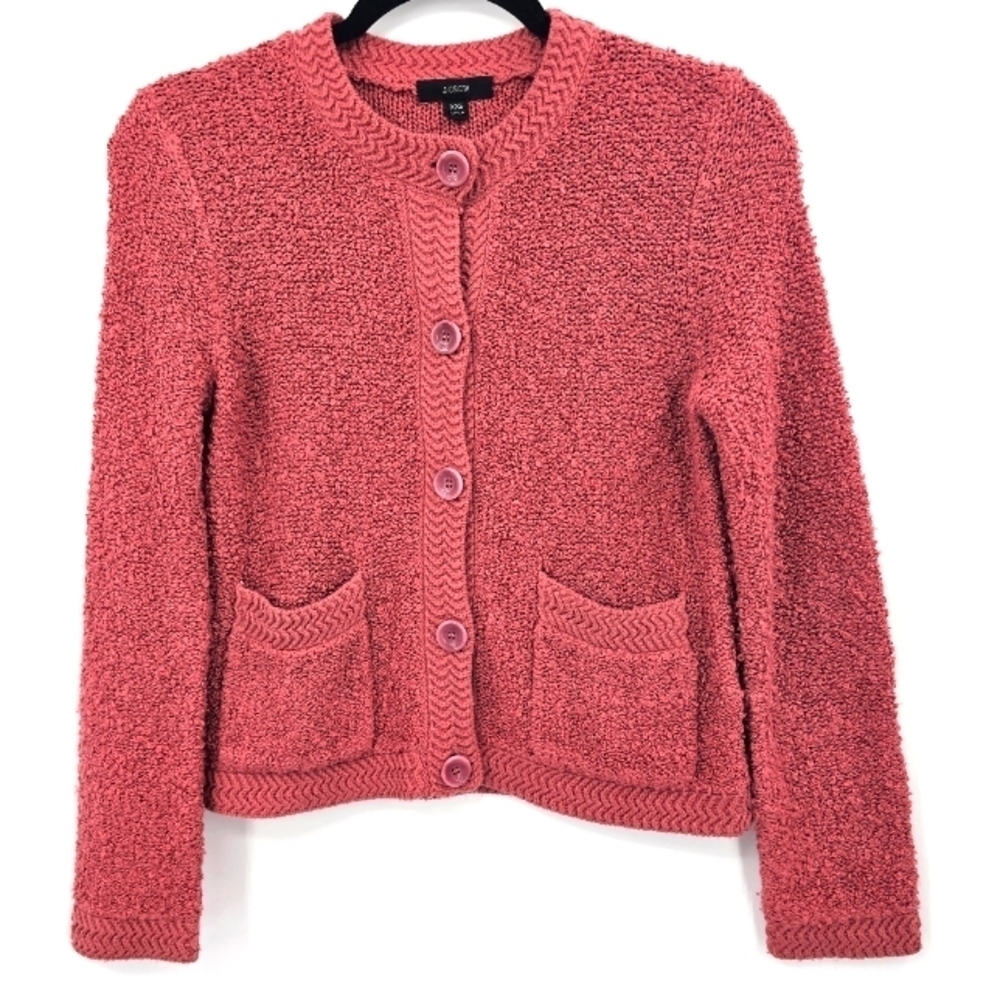 J.Crew Tweedy Textured Button Front Cardigan Sweater Rose Pink Pockets XXS